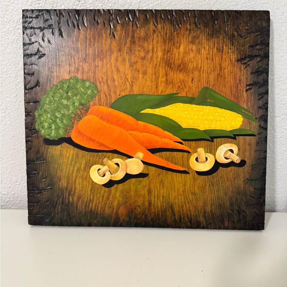 Vintage Hand Painted Vegetable Still Life Wood Panel Art Kitchen Decor Farmhouse